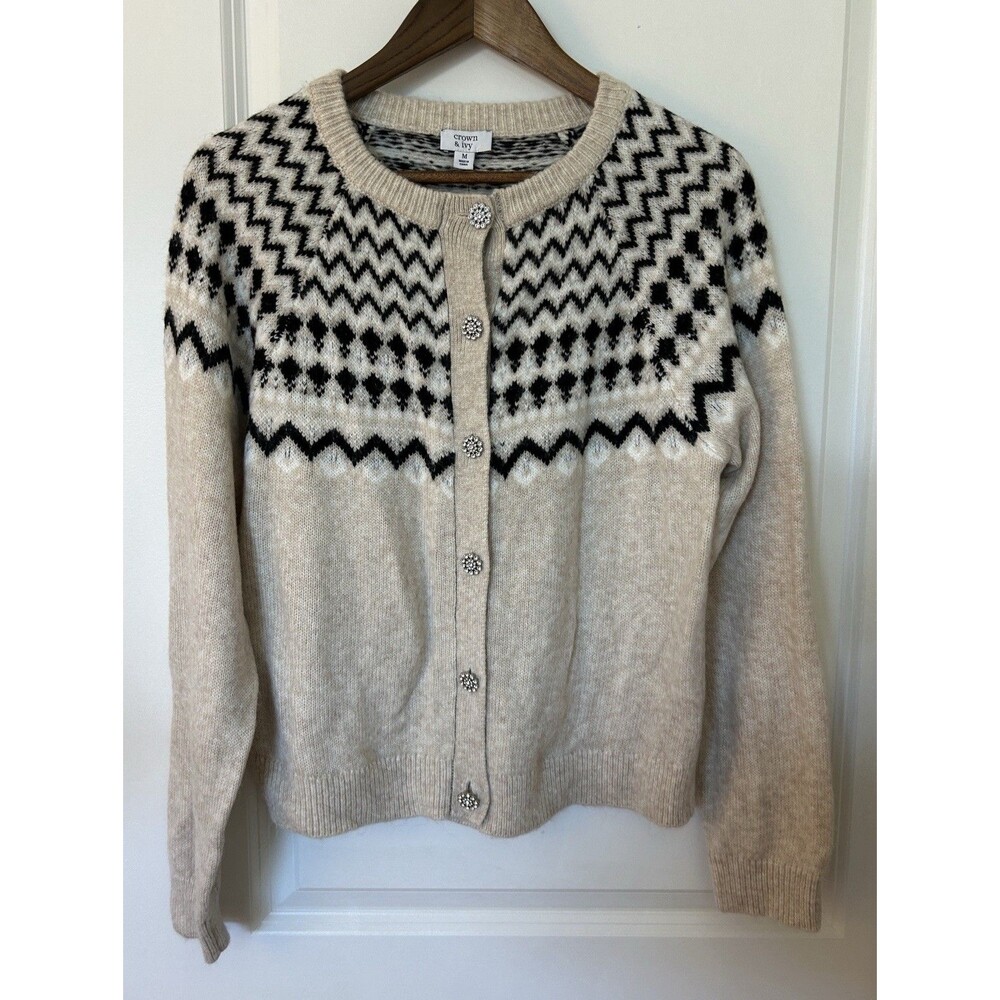 Crown Ivy Sweater Medium Cardigan Fair Isle Festive Jewel Buttons Cozy